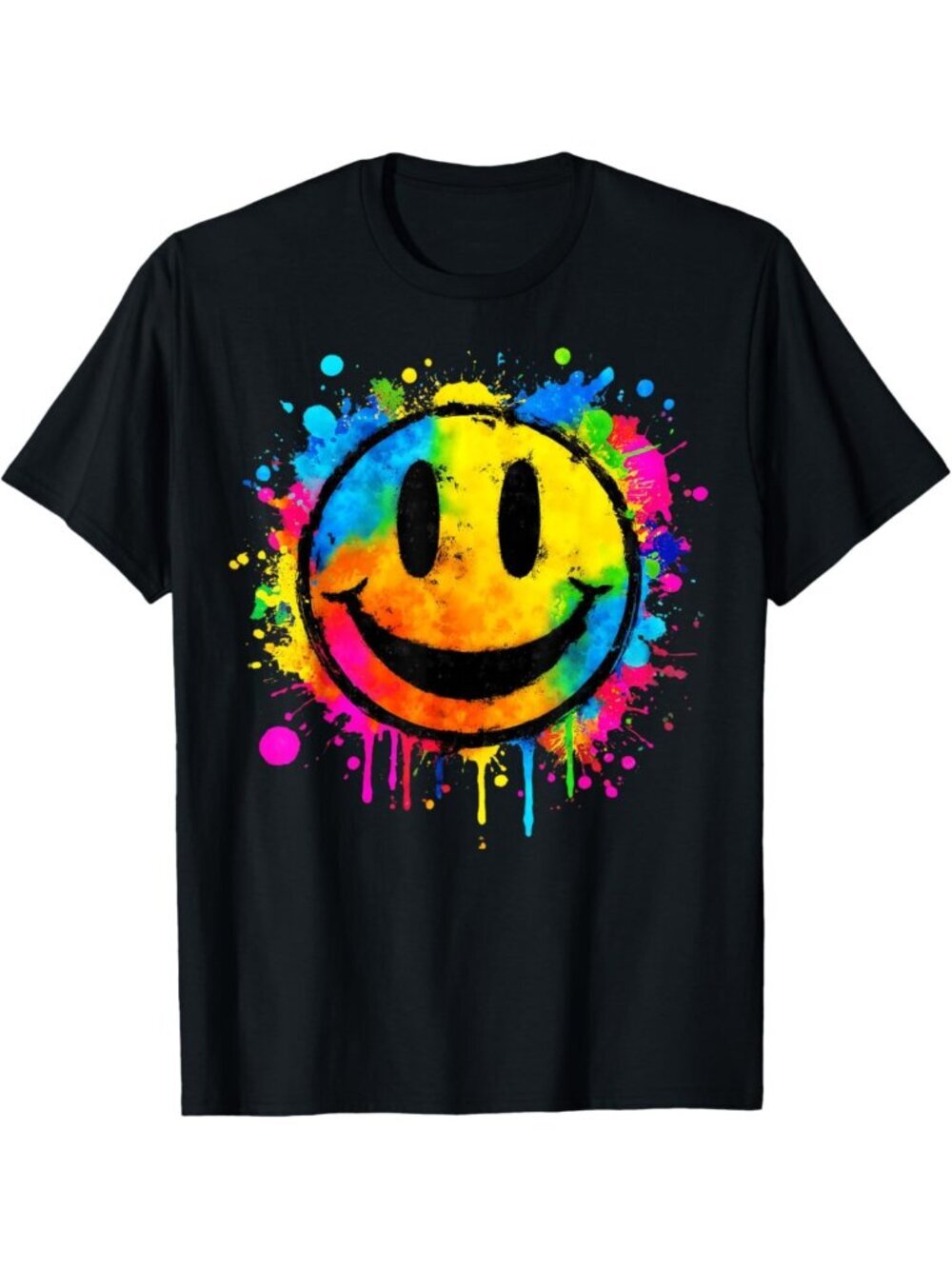 Retro 70s Tie Dye Smiling Face T-Shirt | Cute Paint Splash Graphic Tee